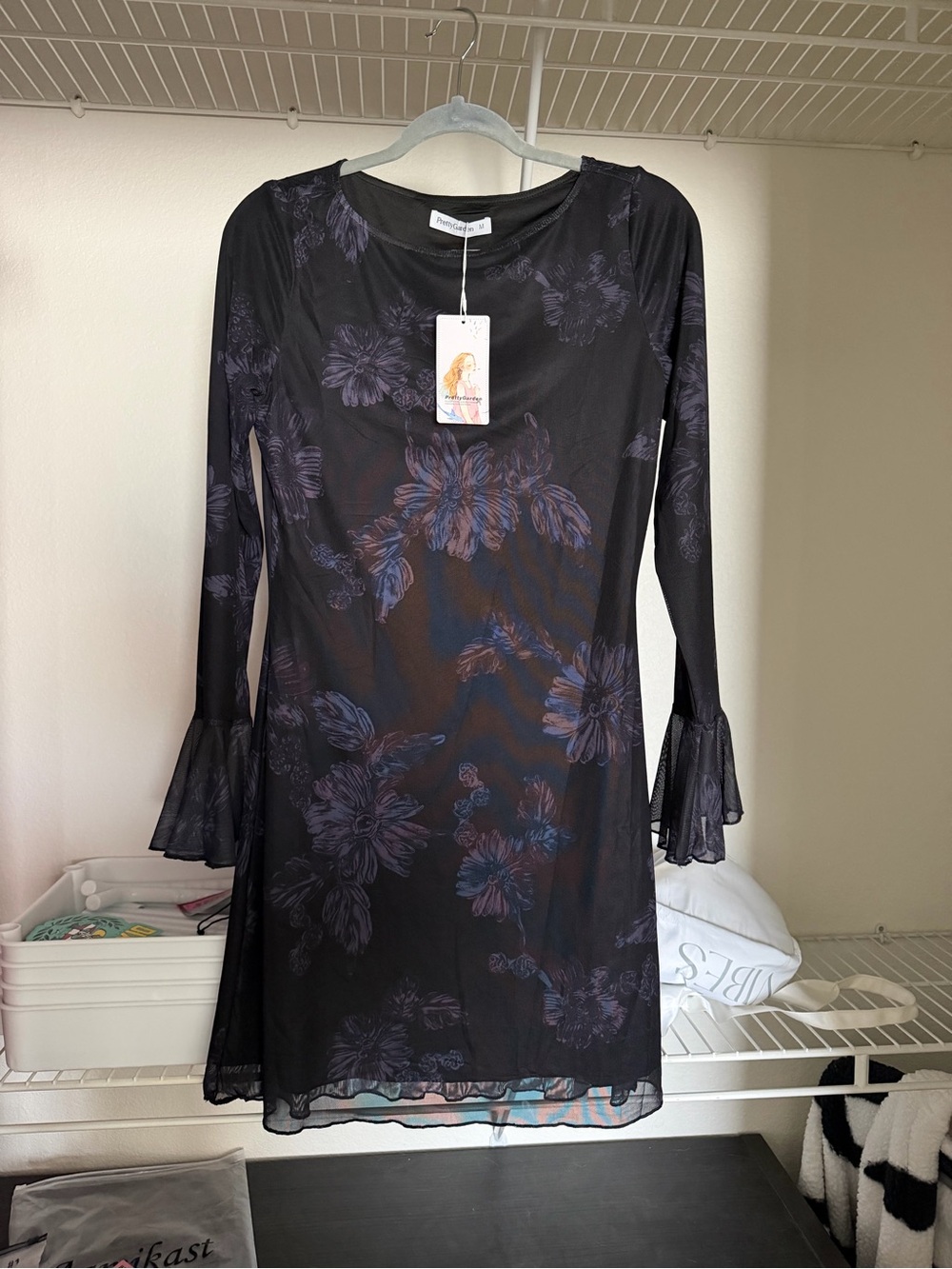 PRETTYGARDEN Sheer Floral Mesh Long Sleeve Dress - Black/Purple